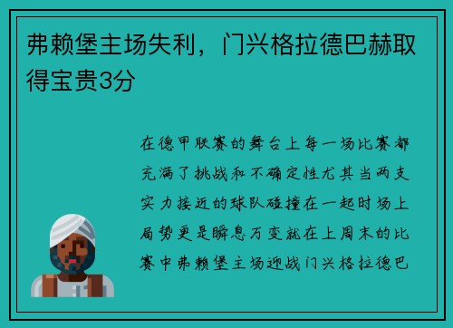 弗赖堡主场失利，门兴格拉德巴赫取得宝贵3分