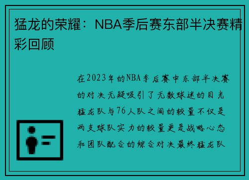 猛龙的荣耀：NBA季后赛东部半决赛精彩回顾