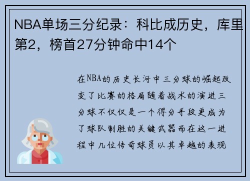 NBA单场三分纪录：科比成历史，库里第2，榜首27分钟命中14个